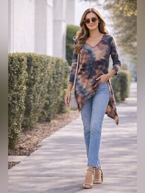 Parsley & Sage Tie-Dye Tunic Top | Asymmetrical Hem V-Neck Rayon Blend [000343]